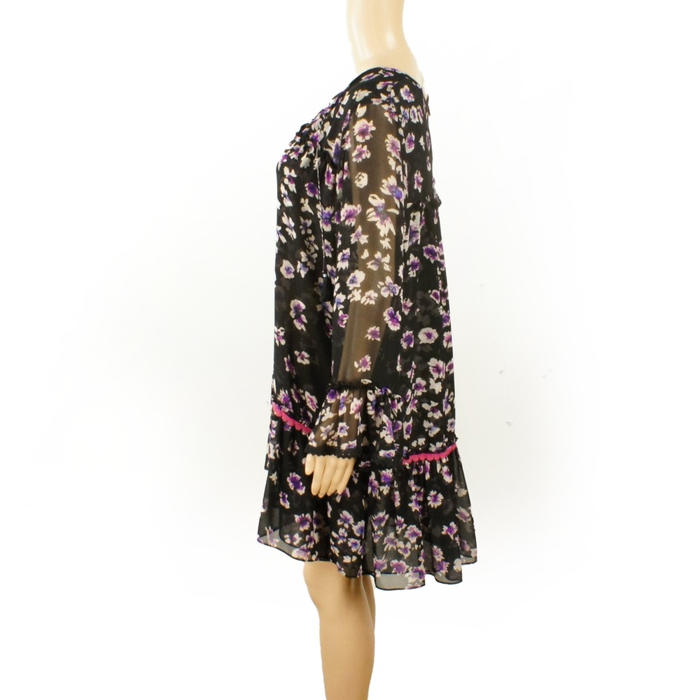 Misa Gallo Floral Black Boho Drop Waist Sheer Long Sleeve Mini Dress - Picture 6 of 10
